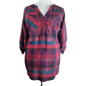 Torrid Harper Pullover Blouse Womens 2 Red Purple Plaid Roll Tab Tunic Excellent